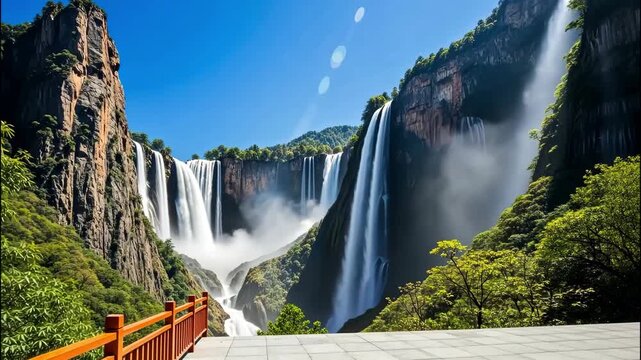Majestic waterfalls cascading down rocky cliffs surrounded by lush greenery under a clear blue sky, creating a breathtaking natural landscape in chinas guangxi province ai generated vedio