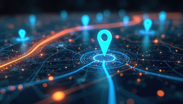 Digital map shows glowing city routes, pinpoint location marker. Futuristic navigation system displays data streams with blue orange lights. Global network connections visualized with tiny bright