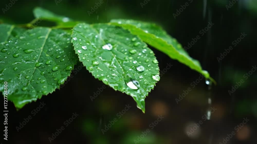 Canvas Prints macro close-up of raindrops gently falling on green leaves in a moody, overcast forest setting tranq