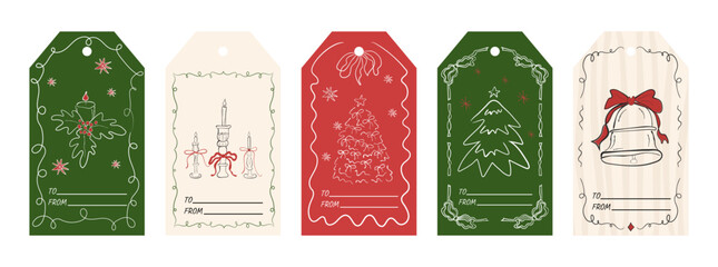 Christmas tag set with hand-drawn icons like  lights, Christmas tree, garlands, candles, decorations. Great for greetings, gifts, discounts. Includes vector art, hand-drawn elements