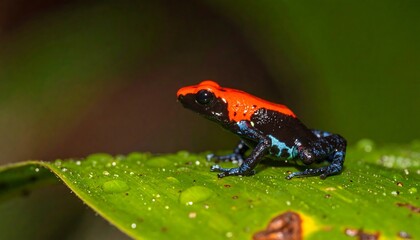 Bright red and blue frog rests on a wet leaf against blurry green background