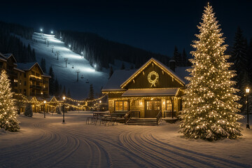 Magical christmas ski resort at night with festive lights and snow-covered landscape. concept of winter holiday, festive decor, mountain escape
