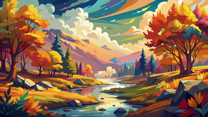This abstract impressionist painting of a colorful autumn landscape captures radiant fall foliage, artistic depth, glowing atmosphere, bold contrasts, and poetic brushwork highlighting the charm of 