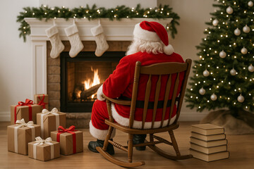 Santa claus relaxing by the fireplace in cozy christmas interior with gifts and tree. concept of holiday celebration, festive home atmosphere, christmas decor
