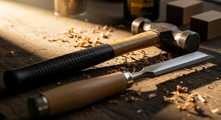 Naklejka premium A hammer and chisel rest on a wooden bench, for symbolic guidance