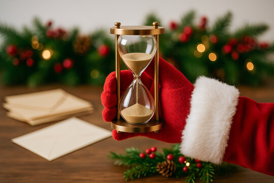 Santa claus holding hourglass among festive christmas decor with envelopes for holiday greetings. concept of time passing, festive season, holiday countdown