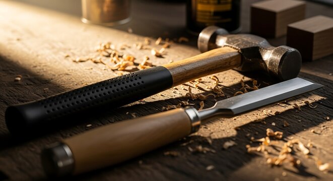 A hammer and chisel rest on a wooden bench, for symbolic guidance
