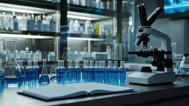 Modern laboratory setup with microscope, glassware, and notebook for scientific research
