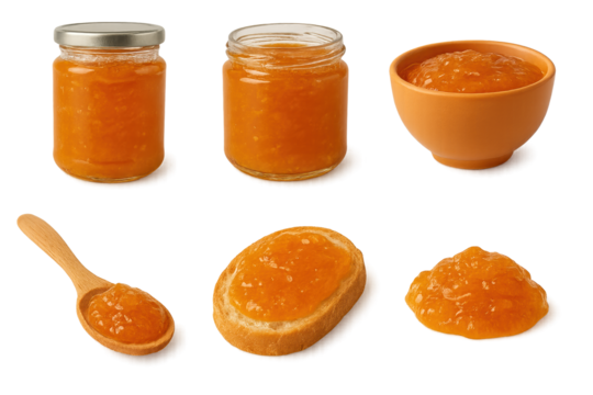 Marmalade clipart set with jars, bowl, spoon, bread slice and portion, sweet fruit spread design for bakery, breakfast and food projects.