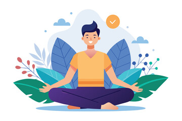 Smiling fair skinned man meditates, seated with crossed legs, among vibrant stylized leaves