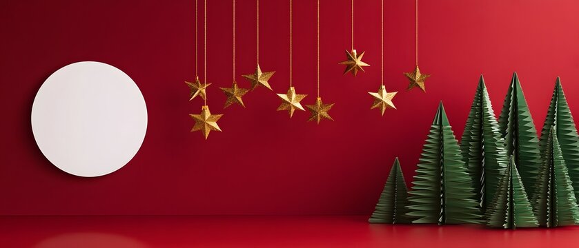 Modern Christmas holiday background with green paper trees and hanging gold stars.