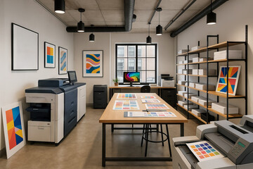 Modern print shop with minimalist decor featuring printers and colorful abstract art on display for creative inspiration and productivity