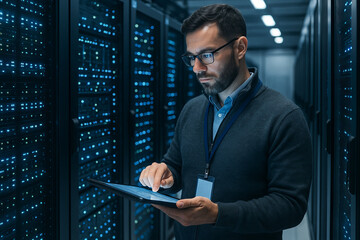Young caucasian man conducting data center analysis with tablet in advanced server room. concept of technology, information security, it management