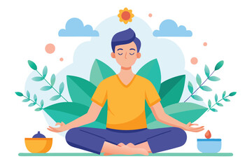 Asian man meditating in lotus position surrounded by nature and small bowls with eyes closed
