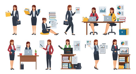 Diverse businesswomen in various office scenarios working and collaborating.