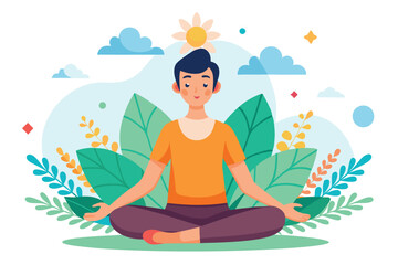 Smiling brunette man meditates in lotus position surrounded by leaves and abstract floral environment