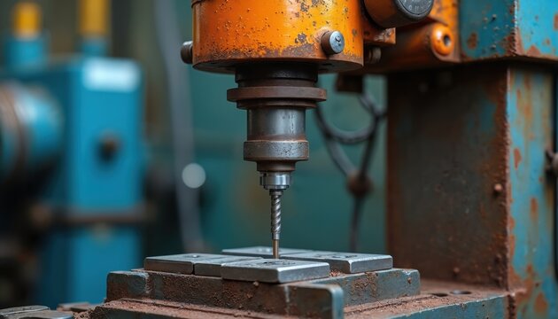 Old industrial drill press creates precise holes in metal parts. A workshop setting with machinery is visible. This metalworking tool is essential for fabrication and assembly.