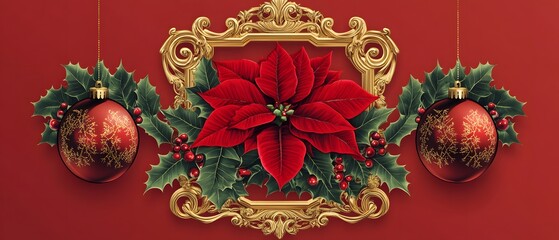 Elegant Christmas decoration with red poinsettia in a gold frame.