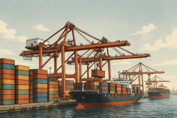 Fototapeta premium Illustration of global shipping dynamics with cargo ships and cranes at busy container port emphasizing international trade, logistics management, and maritime transport
