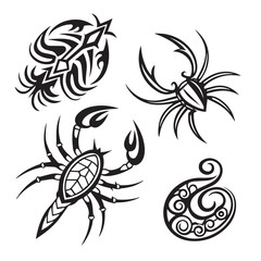 Obraz premium A collection of tribalinspired insect designs isolated on white background, featuring a scorpion, spider, and other abstract insect forms, showcasing intricate patterns and bold lines
