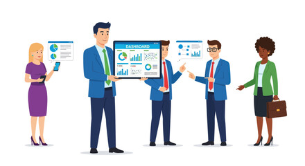 Diverse business team collaborating with digital screens analyzing data charts and graphs.