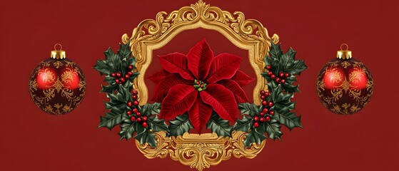 Elegant Christmas decoration with a red poinsettia in an ornate gold frame.