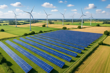Solar panels and wind turbines in countryside field with blue sky. concept of renewable energy, sustainable development, clean power, eco-friendly technology, green initiatives
