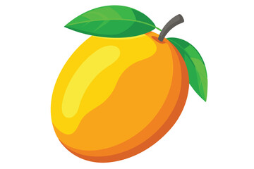 Ripe yellow mango adorned with vibrant green leaves on a plain background