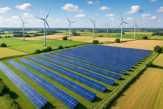 Solar panels and wind turbines in countryside field with blue sky. concept of renewable energy, sustainable development, clean power, eco-friendly technology, green initiatives