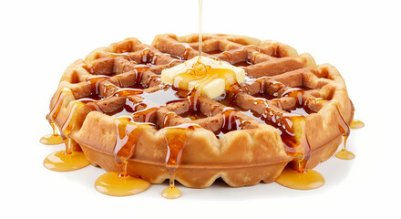 Belgian waffle with melting butter and dripping syrup in warm golden lighting on white background for breakfast advertising.