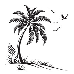 Fototapeta premium A serene tropical landscape, isolated on white background, features a graceful palm tree swaying gently, accompanied by birds soaring freely in the sky, and lush grass, creating a tranquil oasis