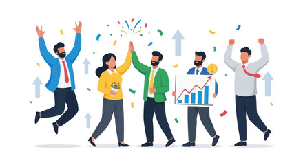 Celebrating Business Team Success with High-Five and Graph.