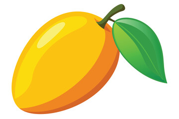 A single cartoon mango fruit shines with an attached green leaf and stem