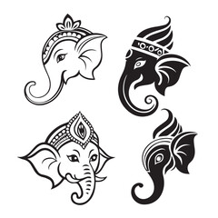 Obraz premium Four ganesha heads are depicted in black and white, showcasing different styles and adornments, isolated on white background each head features unique headdresses and trunk designs