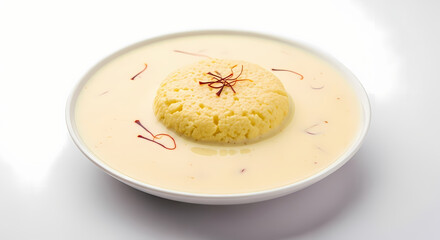Rasmalai dessert in creamy milk with saffron threads in soft studio lighting on white background for culinary advertising