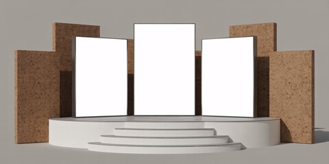 Three blank frames on a white stage with wooden blocks in a minimalist studio setting for mockup display