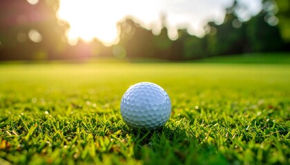 Golf ball rests on bright green grass, sun shining behind trees on a summer day