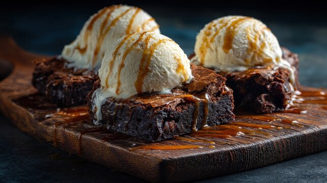 Delicious brownies topped with scoops of vanilla ice cream and caramel sauce, presented on a wooden board.