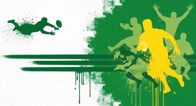 Graphic illustration of rugby players in various action poses, with green and yellow silhouettes against a white background, conveying energy and dynamism.