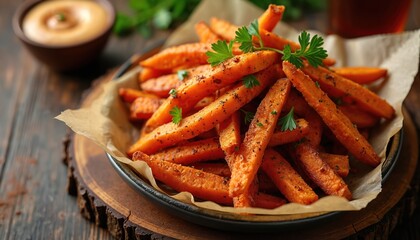 Sweet potato fries seasoned with cajun spice and fresh herbs are served in a bowl with dipping sauce. This tasty snack is perfect for lunch or dinner.