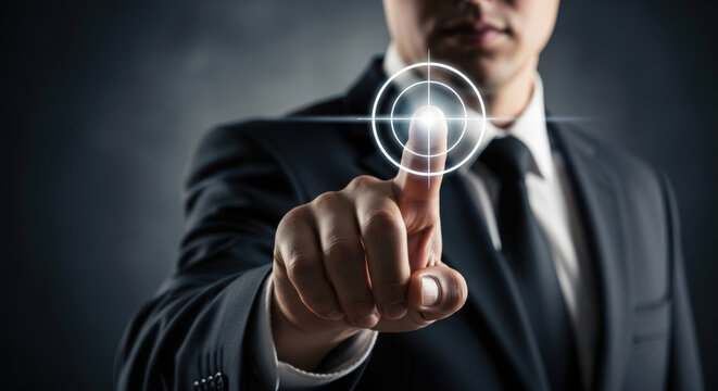 Businessman Touching Futuristic Digital Interface with Glowing Target.