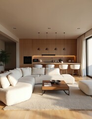 Fototapeta premium Modern living room with open kitchen concept. Beige sectional sofa, wood cabinets, island with bar stools. Natural light fills the serene space.