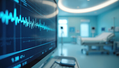 Close up blue screen displays vital signs graph. Futuristic hospital room has bed, medical equipment. Tech analyzes health data. Telemedicine future.