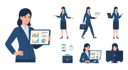 Professional Businesswoman Vector Illustrations Set with Data Analysis and Digital Devices.