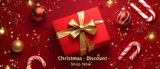 Christmas discount banner with red gift box and festive decorations.