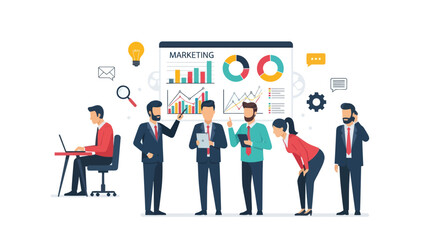 Group of Business Professionals Analyzing Marketing Data on Screen.