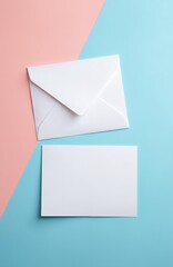 Blank white envelope, card rest on split pastel pink, blue background. Clean, minimal mockup perfect for branding, invitations, stationery design. Offers ample space for custom text graphics,