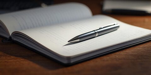 Silver pen resting on open lined notebook on wooden desk with warm soft lighting
