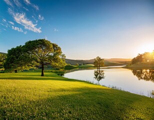 Beautiful view of meadow and amazing trees in a beautiful place, sunset, lake with blue sky in the background; tranquil scene; sunny day; countryside 
