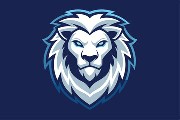 The white lion mascot head gazes forward with icy blue eyes on dark background